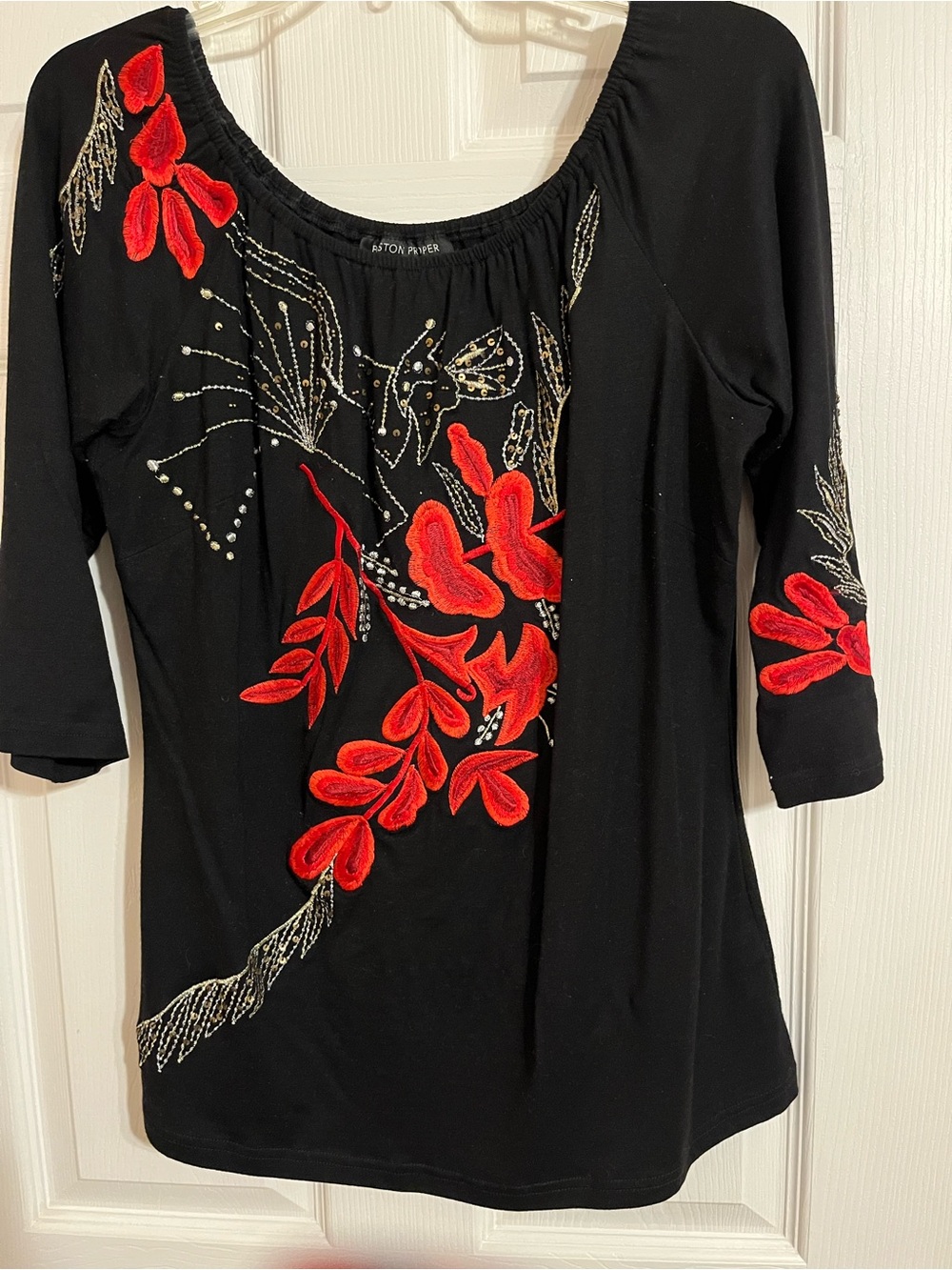 Boston Proper Black Long-Sleeve Top with Red Floral Embroidery
